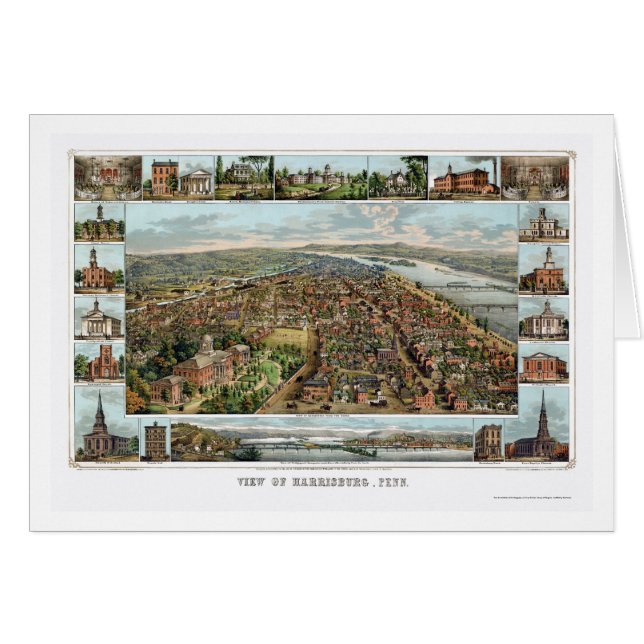 Harrisburg panorama- karta för PA - 1855 Hälsningskort (Framsidan Horizontal)