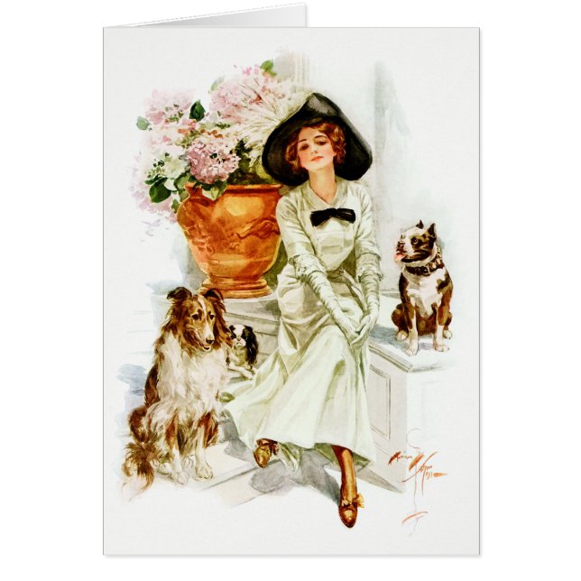 Harrison Fisher: Kvinna med tre hundar Hälsningskort (Framsidan)