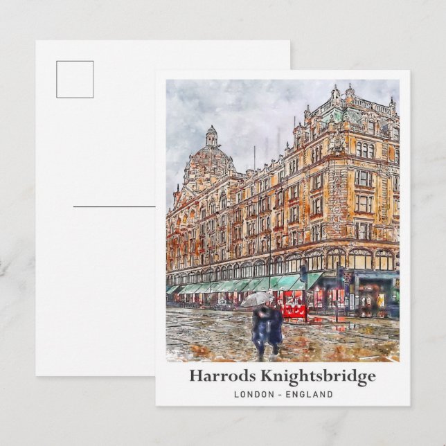 Harrods Knightsbridge London Travel Watercolor Vykort (Fram/baksida)