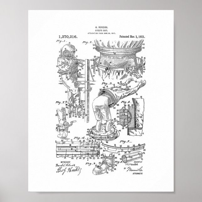 Harry Houdini Divers patent i Kostym Poster (Framsidan)