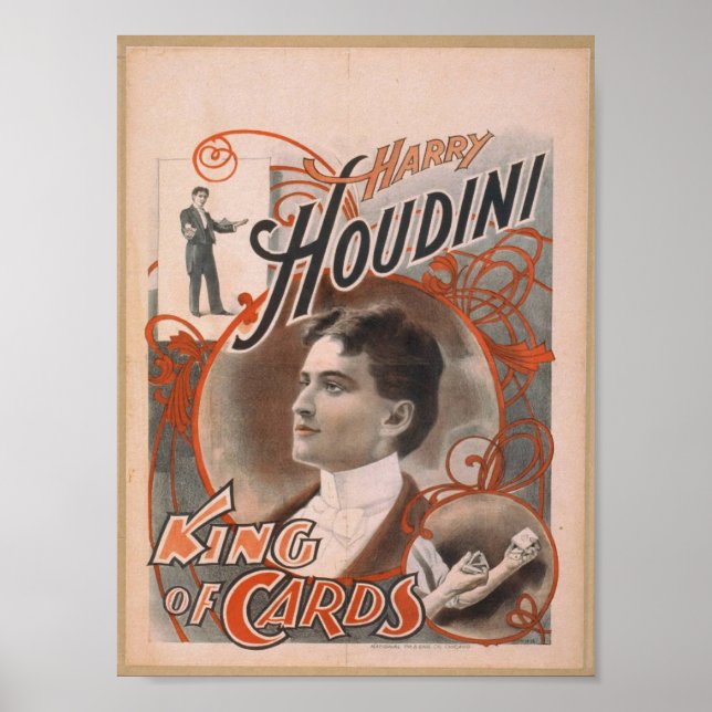 Harry Houdini, "Kung of Cards" Vintage Theater Poster (Framsidan)