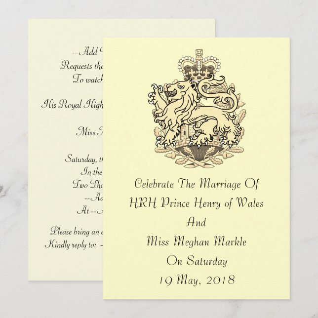 Harry & Meghan elegant kunglig bröllopinbjudan Inbjudningar (Fram/baksida)