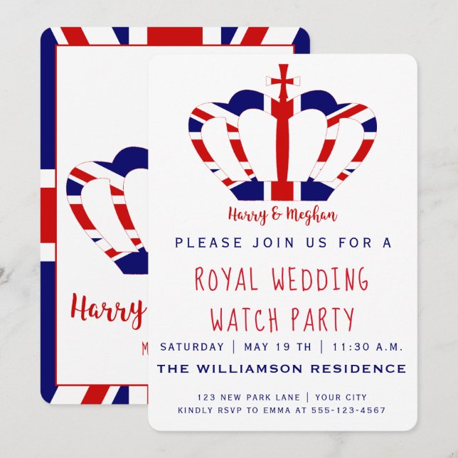 Harry & Meghan Krona | Royal Bröllop Watch Party Inbjudningar (Fram/baksida)