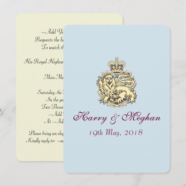 Harry Meghan Posh kunglig bröllopinbjudan (blått) Inbjudningar (Fram/baksida)