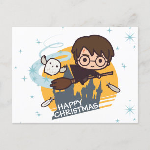 Harry och Hedwig flygande förbi Hogwarts jul Helg Vykort