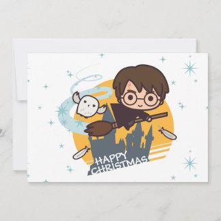 Harry och Hedwig flygande förbi Hogwarts jul Julkort
