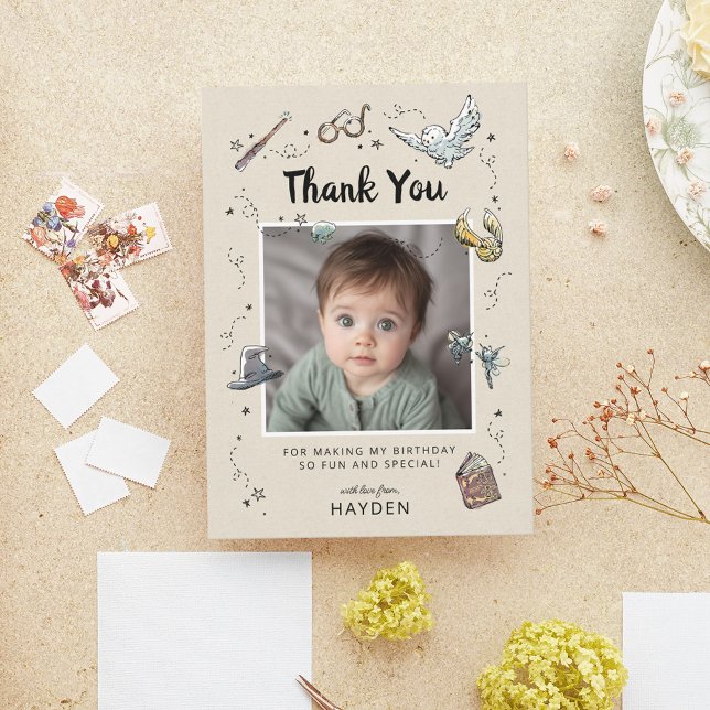 Harry Potter 1st Birthday Tack Kort (Thank you card simulated on table)