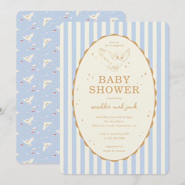 Harry Potter Hedwig Blue Stripe Baby Shower Inbjudningar (Fram/baksida)