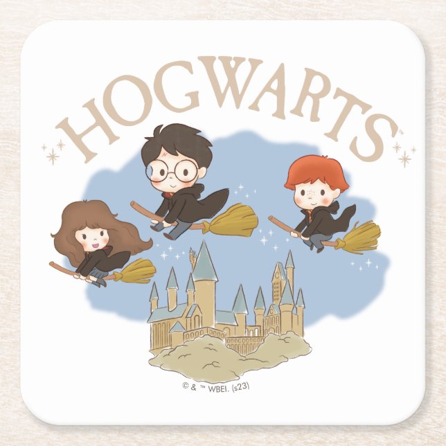 HARRY POTTER™, Hermione och Ron Fly over HOGWARTS™ Underlägg Papper Kvadrat (Framsidan)