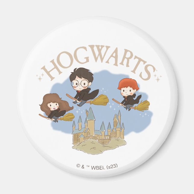 HARRY POTTER™, Hermione, & Ron flyger över HOGWART Magnet (Framsidan)