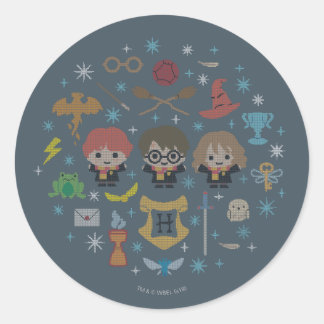 Harry Potter-korsstygns collage med serieteckninga Runt Klistermärke