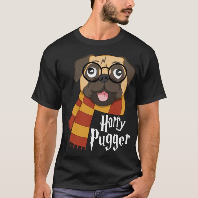 Harry Pugger Funny Pug Owner Wizard Älskare T Shirt (Framsida)