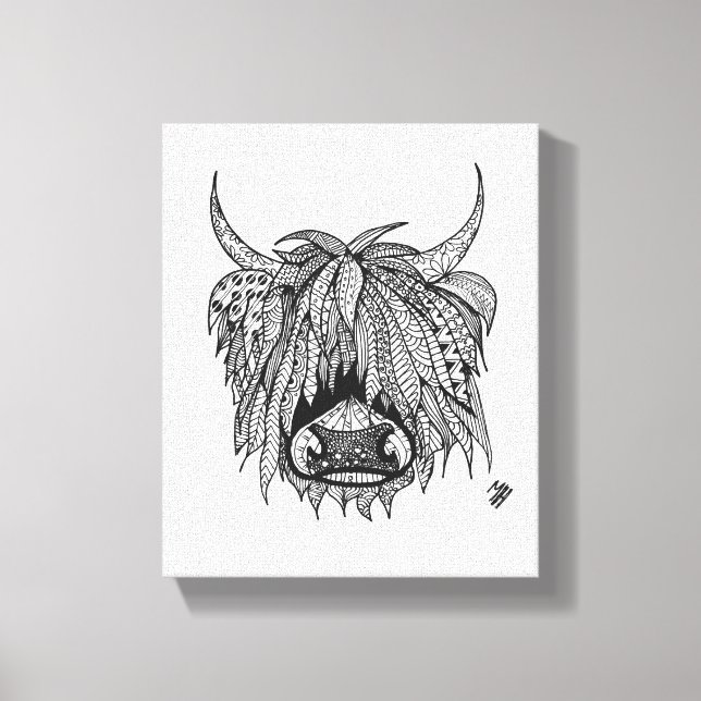 Harry the Highland Cow - Zentangle Hand plockade Canvastryck (Framsida)