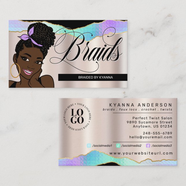 Hårsalon, Braid Stylist, Braiding, Söt Bronze Visitkort (Fram/baksida)