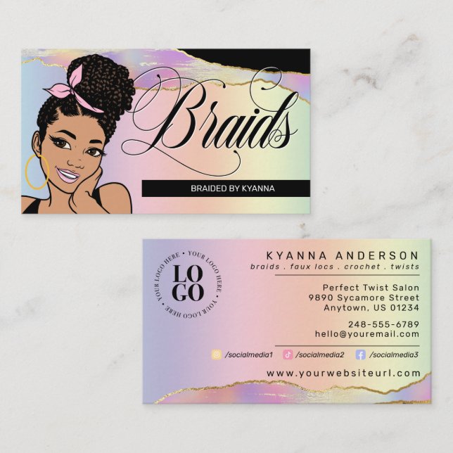 Hårsalon, Braid Stylist, Braiding, Söt Pastel Visitkort (Fram/baksida)