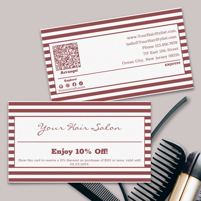 Hårsalon i snyggtens Professionell 10 % stripe Rabattkort (Stylish Professional Striped Hair Salon 10% Discount Card, Terms, QR code, Social, Tracking)