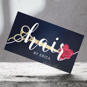 Hårsalon Saxor & Flower Typography Navy Blue Visitkort