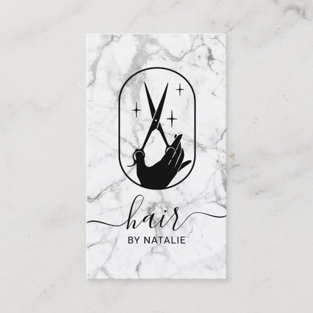 Hårschejschizolist Sissor Hand Logotyp Marble Beau Visitkort (Framsida)