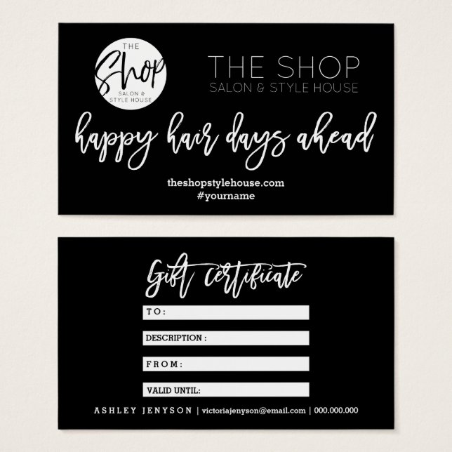 Hårskript, elegant typografi, presentcertifikat visitkort (Framsida & baksida)