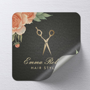 Hårstilist Blommigt Vintage Elegant Black & Guld Fyrkantigt Klistermärke