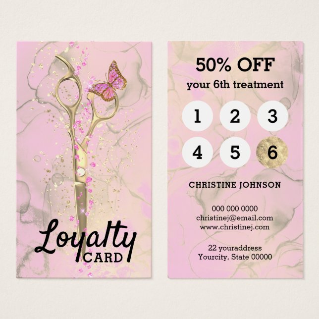 Hårstilist-förmånskort för guld-sax visitkort (Framsida & baksida)