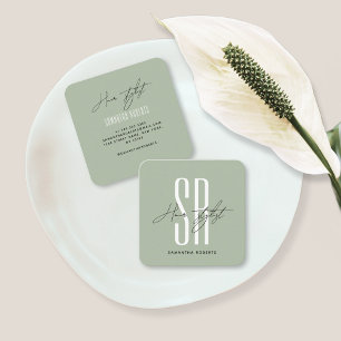 Hårstilist modern sage grönt monogram initialer fyrkantigt visitkort