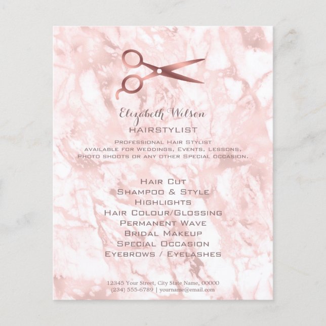 hårstilsax på rosa vattenfärgsmarmor flygblad (Framsidan)