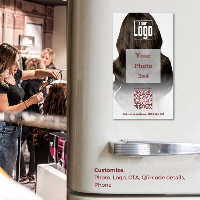 Hårstilslist Logotyp QR-kod Mobil PR Magnetiska Visitkort (Hair Stylist Logo QR-code Phone Promotional Business Card Magnet)