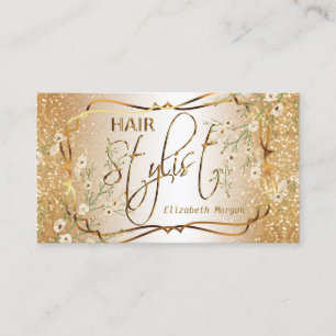 Hårstylist i ett guld- glitter och blommigt visitkort