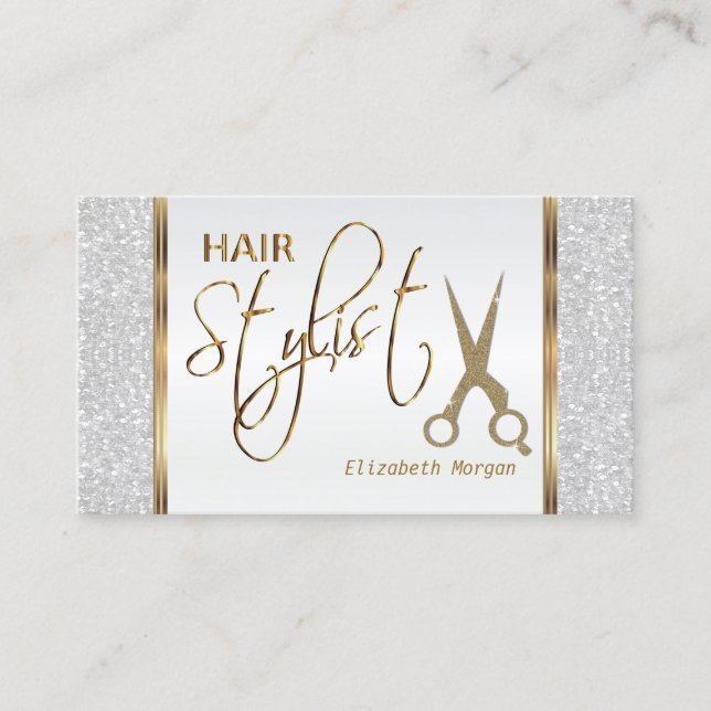 Hårstylist i ett vitglitter och guld visitkort (Framsida)