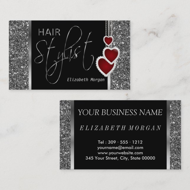 Hårstylist i Silver Glitter och hjärtkedja Visitkort (Fram/baksida)