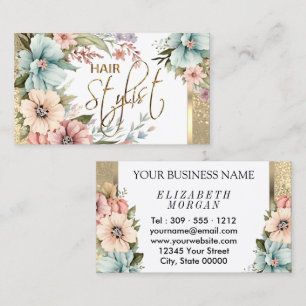 Hårstylist i Söt Blommigt och Glitter Visitkort