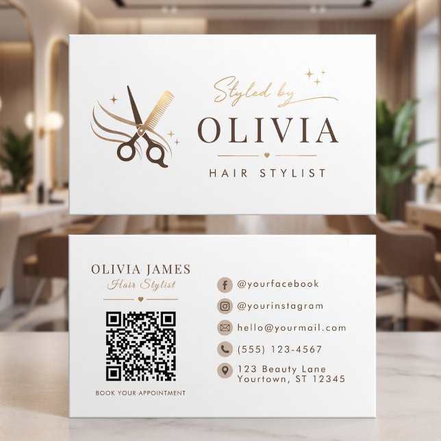 Hårstylist Minimala Vita Saxar Redigerbara Visitkort (Hair Stylist Minimal White Scissors Editable Business Card)