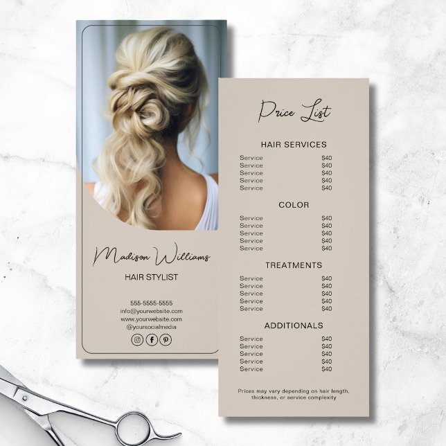 Hårstylist Modern Beige Prislista Reklamkort (Hair Stylist Modern Beige Price List Rack Card)