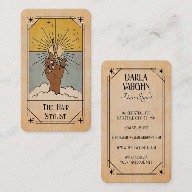 Hårstylist Tarotkortillustration Celestial Sol Visitkort (Fram/baksida)