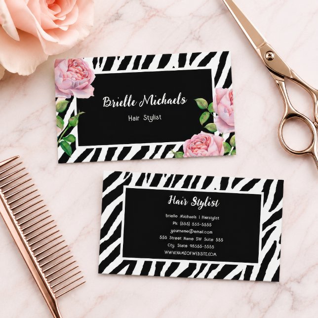 Hårstylist Zebra Rose Glam Visitkort (Zebra Floral Hairstylist Pink Rose Business Card
)