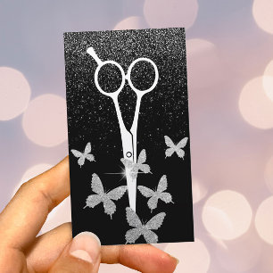 Hårstylistfjärilar & Scissor silverkonfettiar Visitkort
