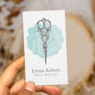 Hårstylistvintage Scissor turkosblommigt Visitkort