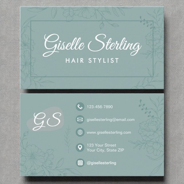 Hårt Stylist Teal Blommigt Line Art Modern skript Visitkort (Skapare uppladdad)
