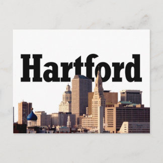 Hartford CT Stadssiluett med "Hartford" på himlen Vykort
