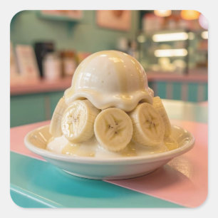 Hartglassad Banan Sundae Retro Glass- och Isaffä Fyrkantigt Klistermärke