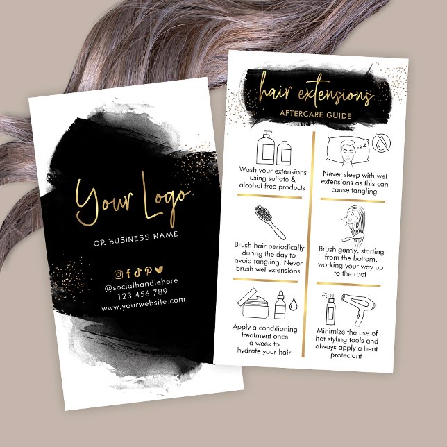 Hårtillägg Eftervård Black & Guld Hairstylist Visitkort (Luxurious black and gold hair extensions aftercare instructions cards with icons and gold effects)
