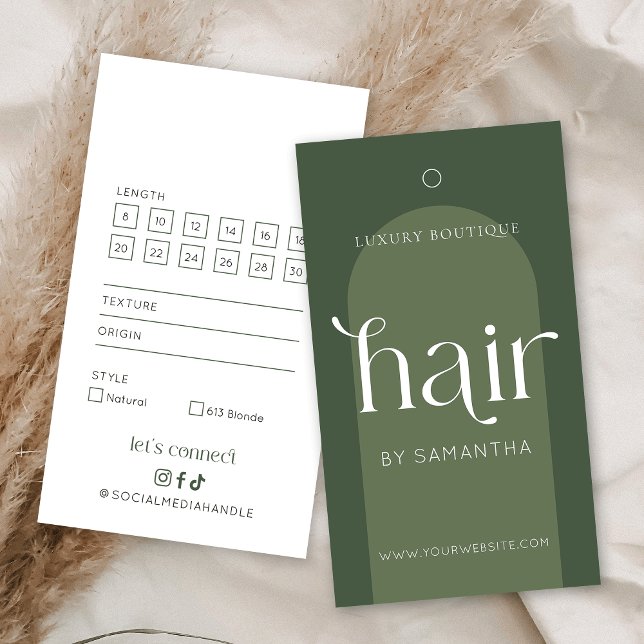 Hårtillägg för Grönt i Modern Boho Sage Hair Märkr Visitkort (Modern hair extensions hang tags in sage green and trendy display fonts)