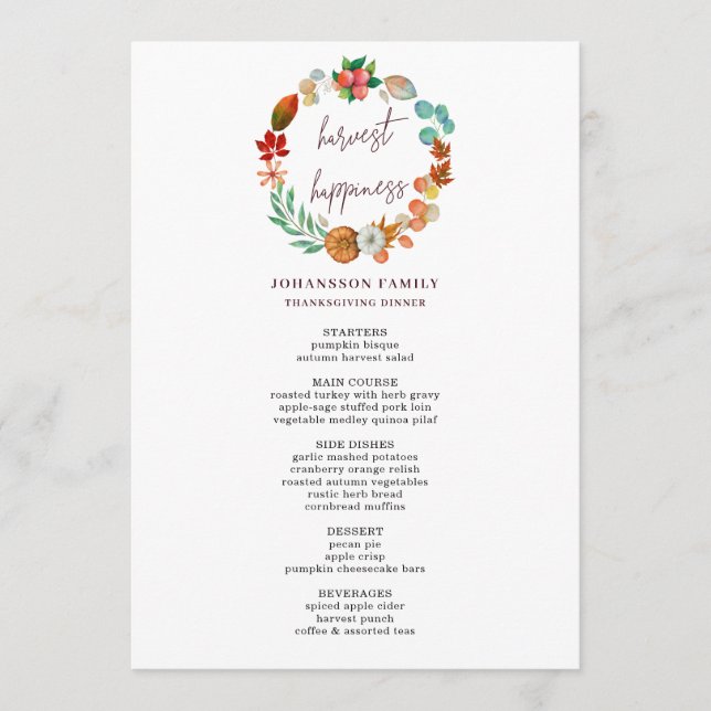 HARVESN ÖSTUMN PUMPKIN WREATH THANKSGIVING DINNER MENY (Framsida)