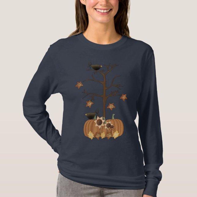 Harvest Fall Autumn Pumpkin Kråka Löv T Shirt (Framsida)
