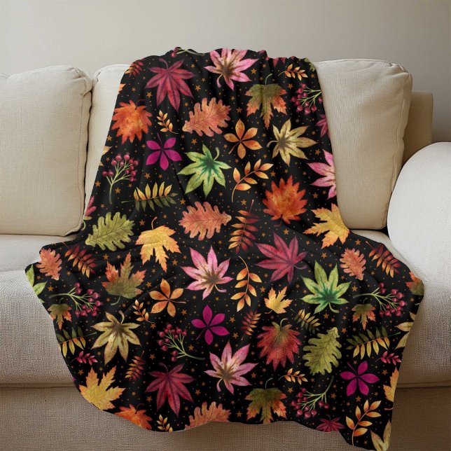 Harvest Fall Höst löv Mönster på Black Fleecefilt (Harvest Fall Autumn Leaves Pattern on Black Fleece Blanket)