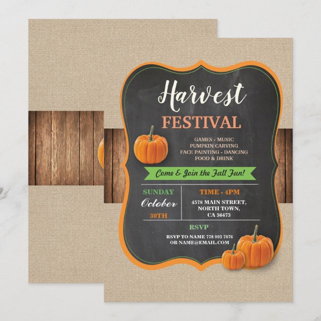 Harvest Festival Pumpkin Rustic Wood Chalk Inbjuda Inbjudningar (Fram/baksida)