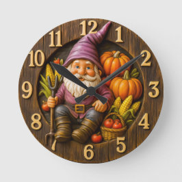 Harvest gnome with pumpkin rustic rund klocka