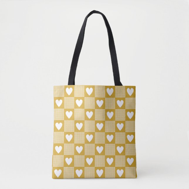 Harvest Gold Gingham Heart Patch Plaid Tygkasse (Framsida)