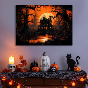 Harvest Måne Haunted House on Pumpkin Bäck Canvastryck